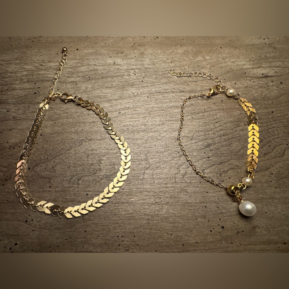 Set of 2 Gold Tone Leaf Bracelets, One With Faux Pearl Accent